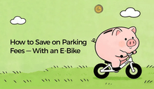Animation of a piggy bank riding a Fiido electric bicycle.