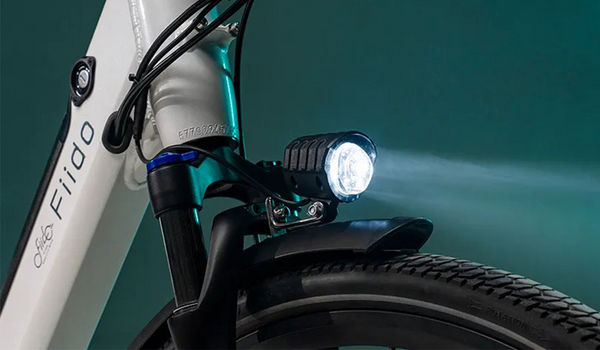 Close-up of the front light of Fiido C11 pro electric bike