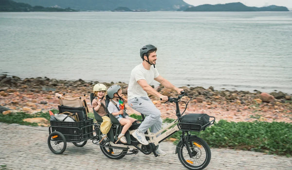 Fiido T3 Max longtail cargo e-bike carrying children with a man riding on a sunny day