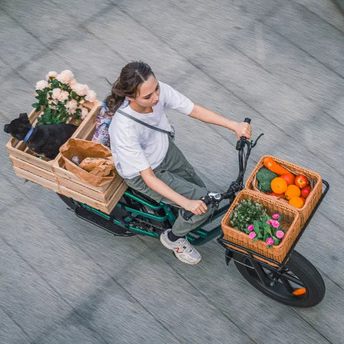Woman riding a Fiido cargo e-bike outdoors