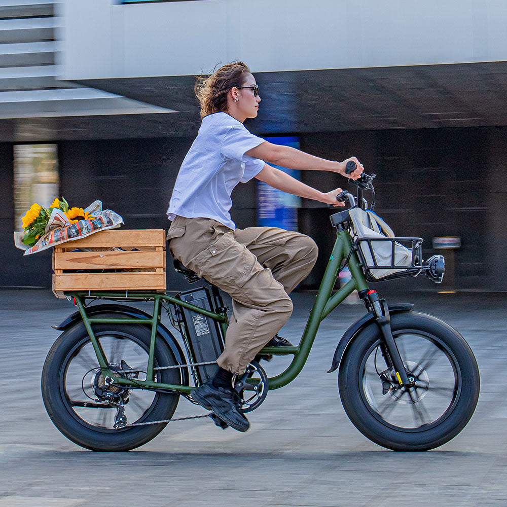 Woman Rides Fiido T1 Pro: Powerful Electric Cargo Bike with Rack