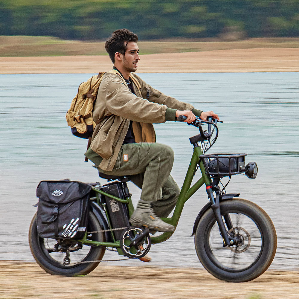 Man Rides Fiido T1 Pro: Powerful Electric Cargo Bike by the River